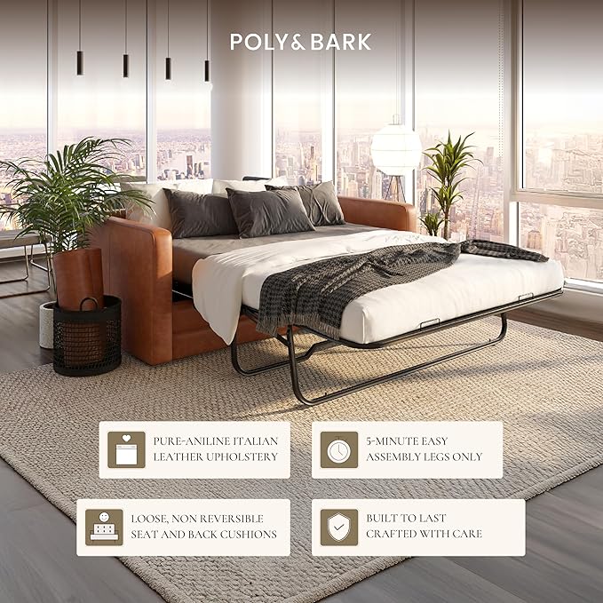 POLY & BARK Napa 82" Pull-Out Convertible Sleeper Sofa in Full-Grain Pure-Aniline Italian Leather, Cognac Tan