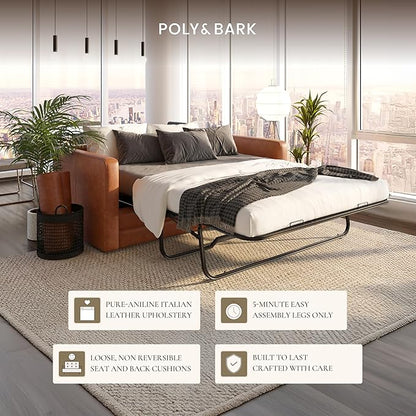 POLY & BARK Napa 82" Pull-Out Convertible Sleeper Sofa in Full-Grain Pure-Aniline Italian Leather, Cognac Tan