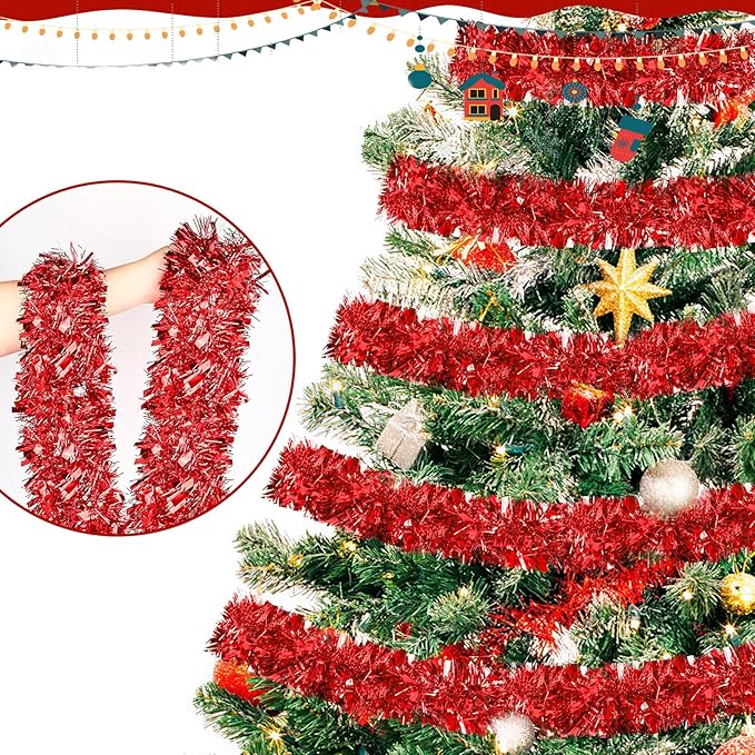 50FT Red Christmas Tinsel Garland, Metallic Twist Shiny Hanging Garland Ornaments for Xmas Tree Party Supplies Thick Thin Metallic Streamers for Indoor Outdoor Decor