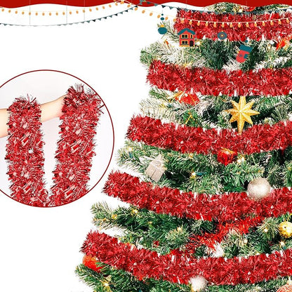 50FT Red Christmas Tinsel Garland, Metallic Twist Shiny Hanging Garland Ornaments for Xmas Tree Party Supplies Thick Thin Metallic Streamers for Indoor Outdoor Decor