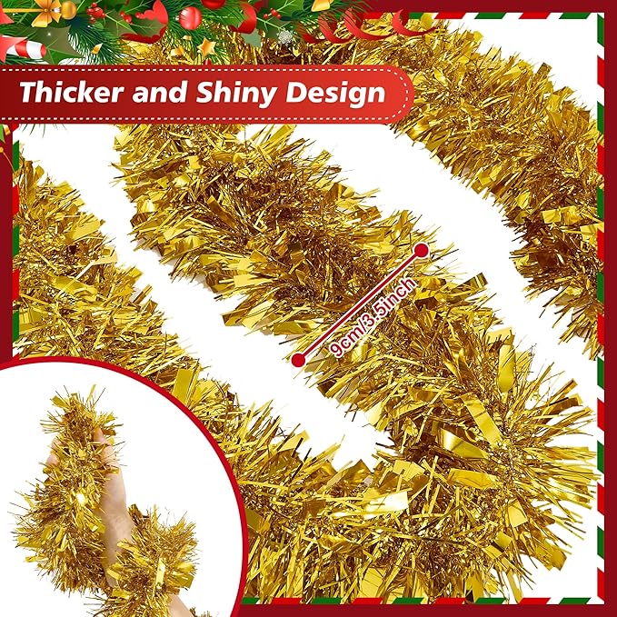 50FT Tinsel Christmas Garland Metallic Twist Garland Shiny Hanging Tinsel for Christmas Tree Party Supplies Indoor Outdoor Home Xmas Decoration (Gold)