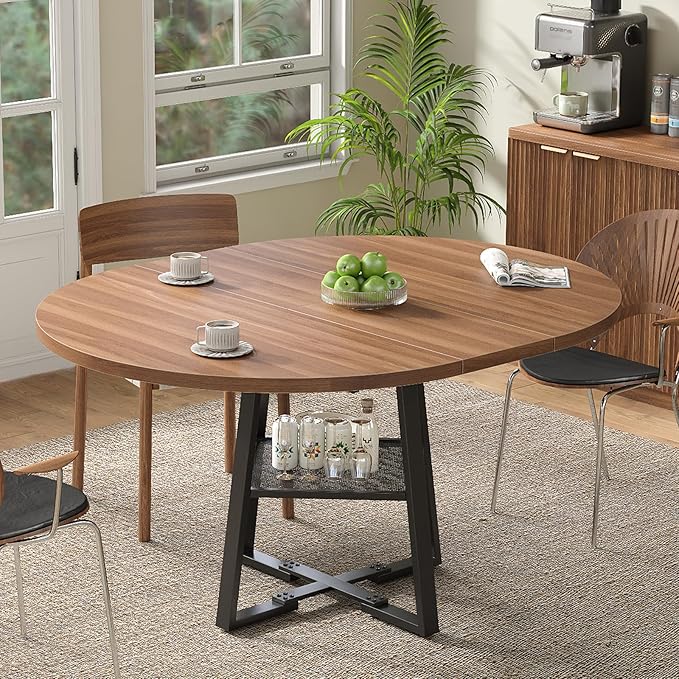 Extendable Round Dining Table for 4-8, 47 Inch Dining Room Table with Storage, Sturdy Metal Frame & Thickened Panel, Circle Dinner Tables for Dining Room, Kitchen, Living Room (Walnut)