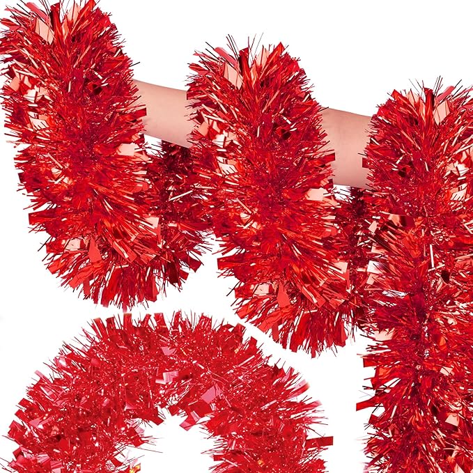 50FT Red Christmas Tinsel Garland, Metallic Twist Shiny Hanging Garland Ornaments for Xmas Tree Party Supplies Thick Thin Metallic Streamers for Indoor Outdoor Decor