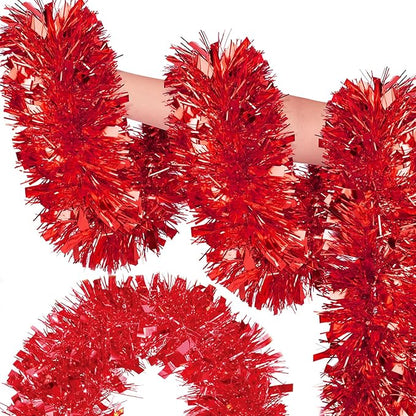 50FT Red Christmas Tinsel Garland, Metallic Twist Shiny Hanging Garland Ornaments for Xmas Tree Party Supplies Thick Thin Metallic Streamers for Indoor Outdoor Decor