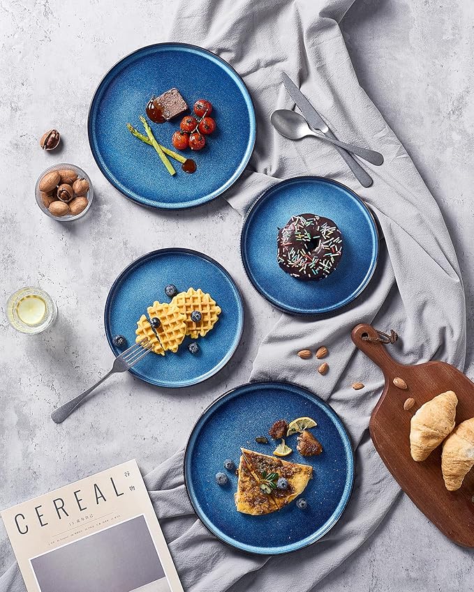 famiware Star Salad Plates for 6, 8 inches Plate Set, Stoneware Dinnerware, Small Dinner Plates for Dessert, Salad, Appetizer, Nebulas Blue