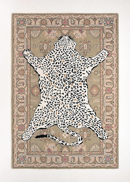 Handmade Leopard Wool Area Rug with Traditional Oushak Motif – Exquisite Animal Print Cheetah Rugs for Living Room, Bedroom | Plush Texture, Vintage Style, Thick & Durable Carpet (Neutral, 7' Round)