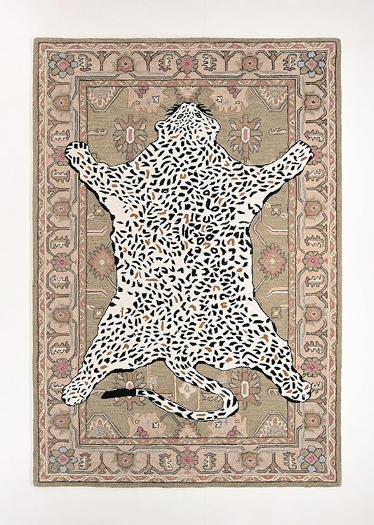Handmade Leopard Wool Area Rug with Traditional Oushak Motif – Exquisite Animal Print Cheetah Rugs for Living Room, Bedroom | Plush Texture, Vintage Style, Thick & Durable Carpet (Neutral, 7' Round)