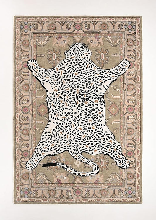 Handmade Leopard Wool Area Rug with Traditional Oushak Motif – Exquisite Animal Print Cheetah Rugs for Living Room, Bedroom | Plush Texture, Vintage Style, Thick & Durable Carpet (Neutral, 10' x 14')
