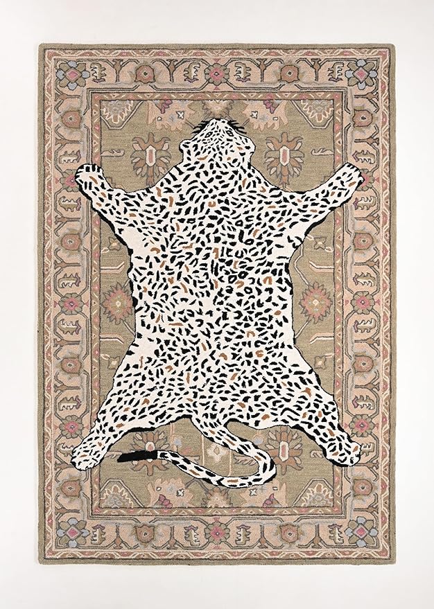 Handmade Leopard Wool Area Rug with Traditional Oushak Motif – Exquisite Animal Print Cheetah Rugs for Living Room, Bedroom | Plush Texture, Vintage Style, Thick & Durable Carpet (Neutral, 9' Round)