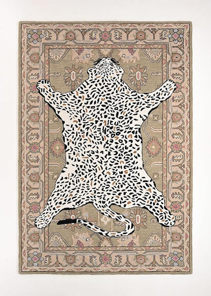 Handmade Leopard Wool Area Rug with Traditional Oushak Motif – Exquisite Animal Print Cheetah Rugs for Living Room, Bedroom | Plush Texture, Vintage Style, Thick & Durable Carpet (Neutral, 5' Round)