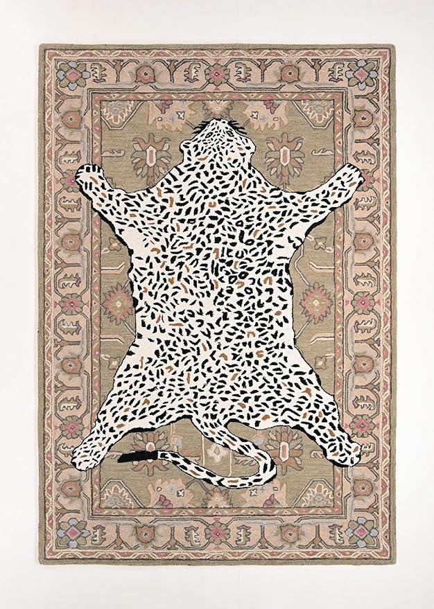 Handmade Leopard Wool Area Rug with Traditional Oushak Motif – Exquisite Animal Print Cheetah Rugs for Living Room, Bedroom | Plush Texture, Vintage Style, Thick & Durable Carpet (Neutral, 6' Round)