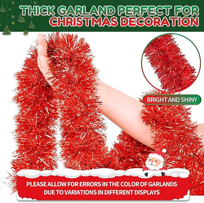 50 Ft Christmas Tinsel Garland Red Thick Tinsel Garland Xmas Tree Decorations Metallic Tinsel Twist Garland for Christmas, Birthday, Party Decor Indoor Outdoor Party Supplies