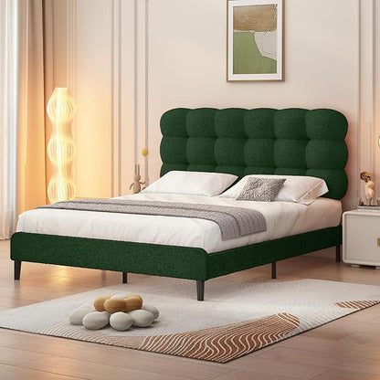BarnFurin Full Size Bed Frame with Upholstered Headboard, Teddy Soft Boucle Fabric, Platform Bed with Strong Wooden Slats Support, Two Bed Forms Design, No Boxing Spring Needed, Easy Assembly, Green