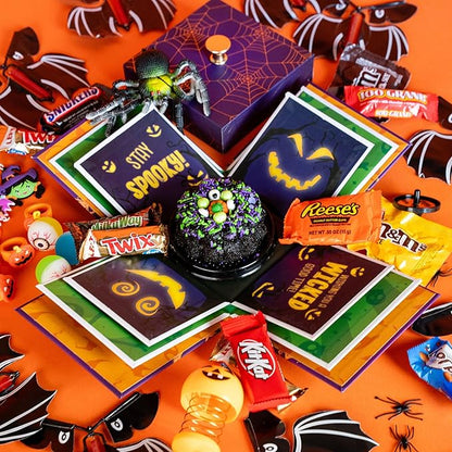 Send A Cake Wicked Halloween Explosion Gift Bundle – Spooky Surprise Box with Flying Bats, 3" Chocolate Witch Cauldron Cake, Music & Lights – Fun Halloween Treat for Kids & Adults