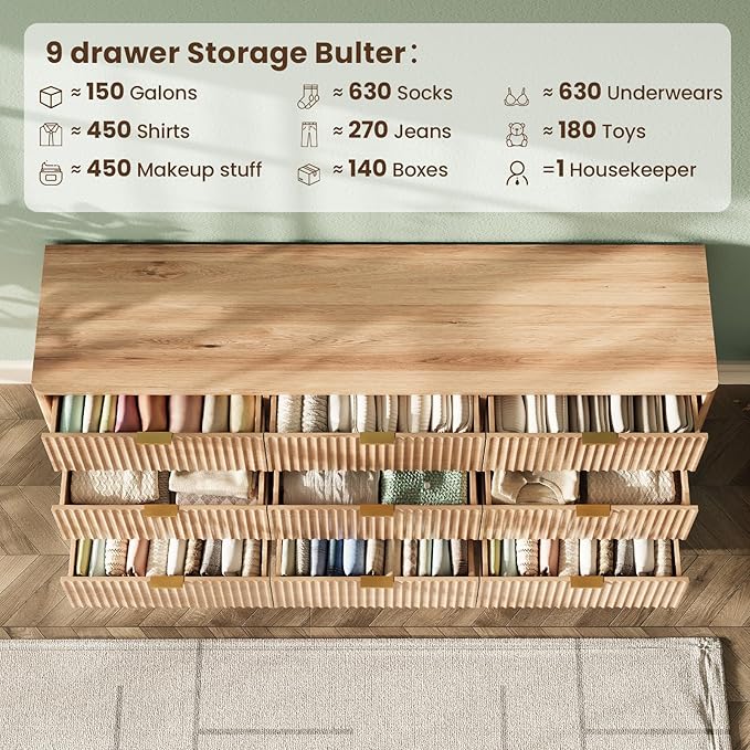 63'' Wide 9 Drawers Dressers for Bedroom, Modern Fluted Chest with Arc Corners, Large Wooden Dresser TV Stand, Wood Closet Clothes Storage Organizer for Living Room, Natural Wood