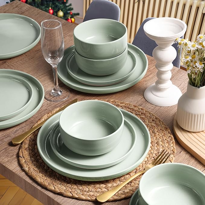 HaWare Stoneware Dinnerware Sets, 6-Piece Plates and Bowls Set for 2, Dishes Set for Home Restaurant, Speckled Asparagus Green