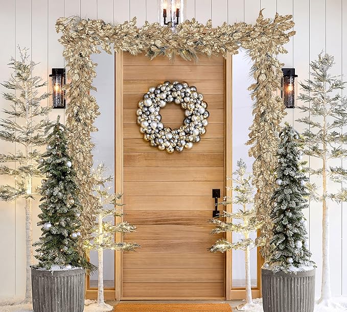 3 Pcs 6FT Christmas Garland Champagne Gold Glittered Artificial Holly Leaves for Mantle Christmas Tree Decorations Indoor Outdoor Hanging Garland Ornaments Garden Door Wall Window Stair Home Decor