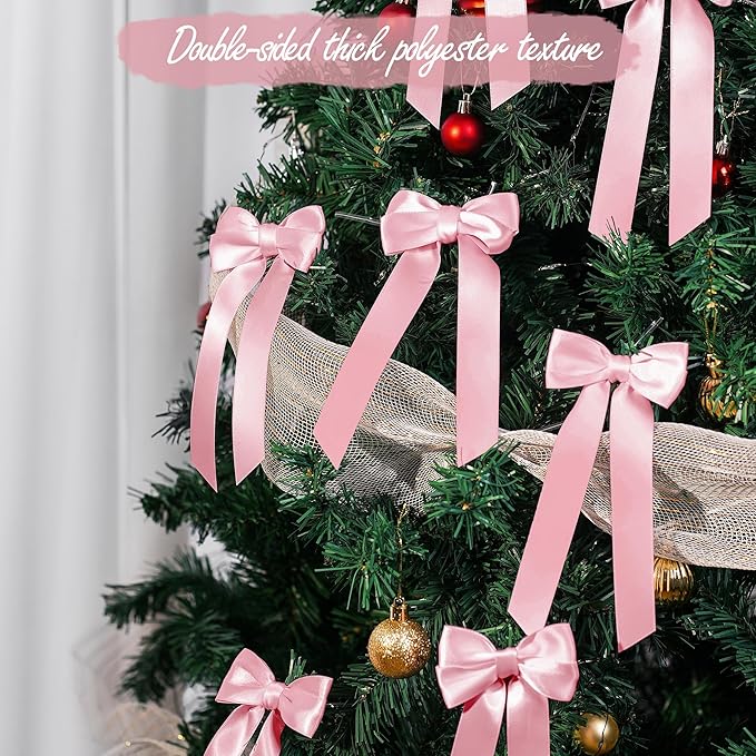 AYGXU 24pcs Twist Tie Bows,Christmas Bow,Pink Bows for Christmas Tree Decorations,Double-Sided Ribbon Bow Decorations for Christmas Party,Bag Ties Twists