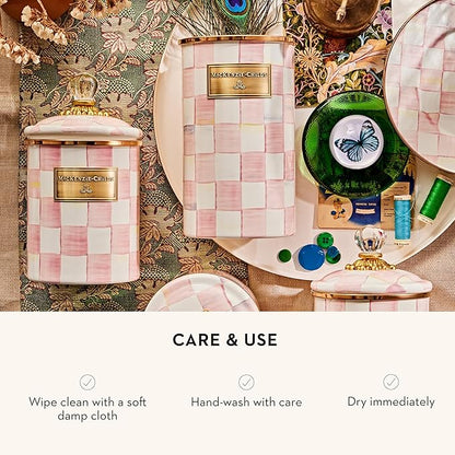 MACKENZIE-CHILDS Enamel Utensil Holder, Kitchen Utensil Holder for Countertop, Storage Caddy, Pink-and-White Rosy Check