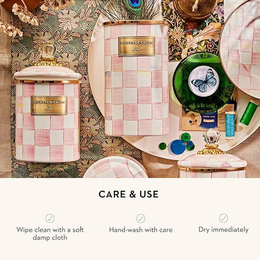 MACKENZIE-CHILDS Enamel Utensil Holder, Kitchen Utensil Holder for Countertop, Storage Caddy, Pink-and-White Rosy Check