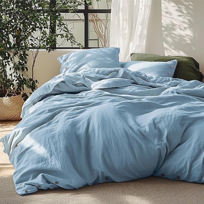 Bedsure Linen Duvet Cover Queen - Linen Cotton Blend Bedding Set, Soft & Cozy, 3 Pieces, 1 Duvet Cover 90x90 Inches and 2 Pillowcases, Grey Blue Color Cooling Bedding, Comforter Sold Separately