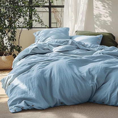 Bedsure Linen Duvet Cover Queen - Linen Cotton Blend Bedding Set, Soft & Cozy, 3 Pieces, 1 Duvet Cover 90x90 Inches and 2 Pillowcases, Grey Blue Color Cooling Bedding, Comforter Sold Separately
