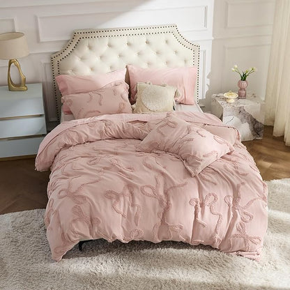 Bedsure Queen Size Comforter Set - Rose Pink Tufted Boho Bed Set, Farmhouse Shabby Chic Embroidery Bedding for All Seasons, 3 Pieces, 1 Soft Jacquard Queen Comforter and 2 Pillow Shams