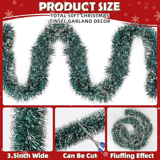 50ft Green & White Christmas Tinsel Garland - Metallic Glitter Twist Garland Hanging Streamers for Xmas Tree Decorations Indoor/Outdoor Decor