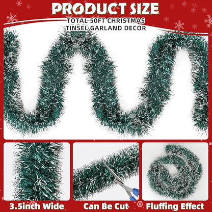 50ft Green & White Christmas Tinsel Garland - Metallic Glitter Twist Garland Hanging Streamers for Xmas Tree Decorations Indoor/Outdoor Decor