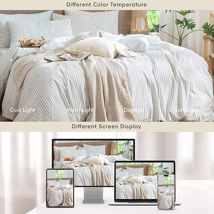 MooMee Striped Duvet Cover Set 100% Washed Cotton Linen Like Textured Breathable Durable Soft Comfy (White Heathered Green Wide Stripes, Oversized Queen 98"x98")