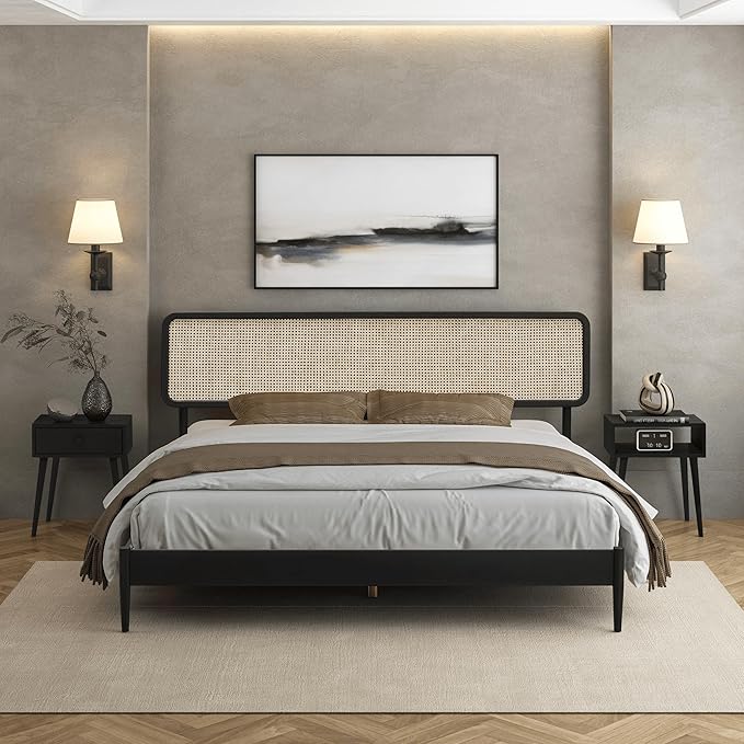 NTC Lupin Wooden Bed Frame with Headboard and Natural Rattan, Solid Oak Foundation with Silent Slats, 1000 Lb Capacity, Effortless Assembly, King - Burnt Black