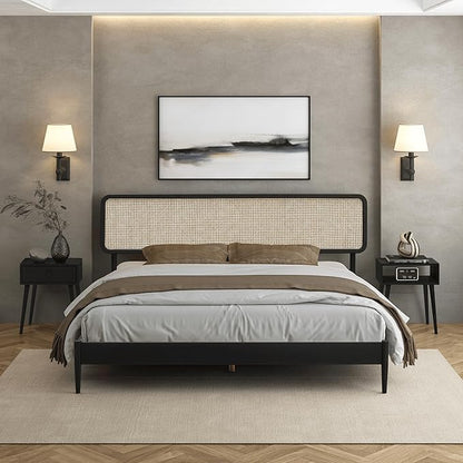 NTC Lupin Wooden Bed Frame with Headboard and Natural Rattan, Solid Oak Foundation with Silent Slats, 1000 Lb Capacity, Effortless Assembly, King - Burnt Black