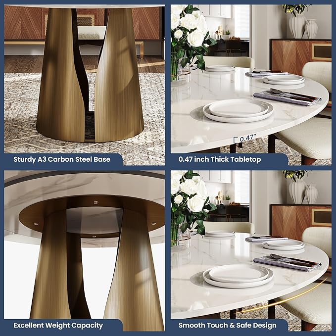 POVISON 47" Round Dining Table for 4-6, Modern Circle Dining Table, Glossy White Sintered Stone Dining Tabletop with Bronze Carbon Steel Pedestal (Dining Room Table Only)