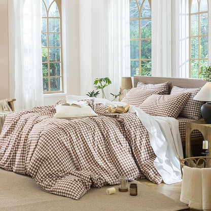 MooMee Gingham Duvet Cover Set 100% Washed Cotton Linen Like Textured Breathable Durable Soft Comfy Modern Checkered Design (Dark Orange Gingham, Queen 90"x90")