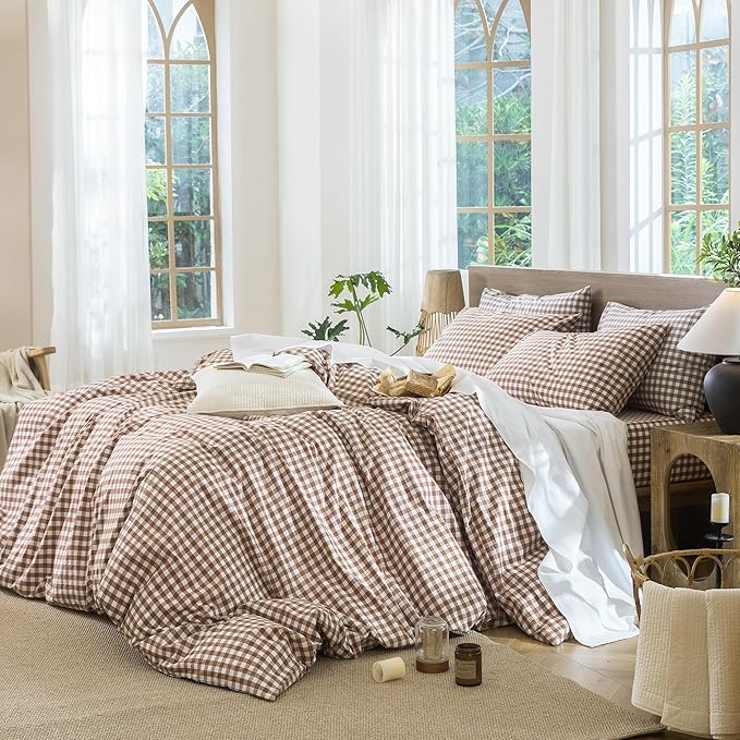 MooMee Gingham Duvet Cover Set 100% Washed Cotton Linen Like Textured Breathable Durable Soft Comfy Modern Checkered Design (Dark Orange Gingham, Full 80"x90")