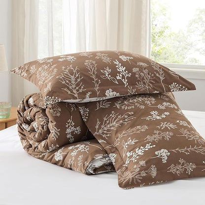 Bedsure Full Comforter Set - Brown Bed Set, 3 Pieces Cute Floral Bedding, 1 Soft Reversible Botanical Flowers Comforter and 2 Pillow Shams