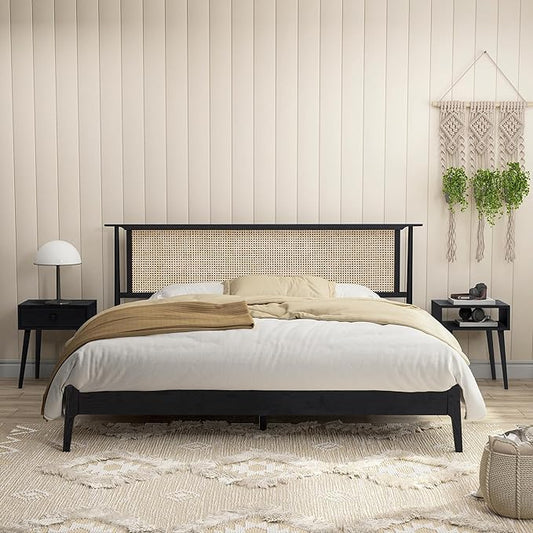 NTC Ruby Wooden Bed Frame with Headboard and Natural Rattan, Solid Oak Foundation with Silent Slats, 1000 Lb Capacity, Effortless Assembly, King - Burnt Black