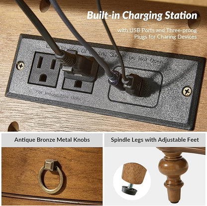 HULALA HOME Wood Nightstands Set of 2 with Charging Station for Bedroom, 3 Drawers Traditional Nightstands, Side Table with Solid Wood Legs, USB Ports & Three-Prong Plugs, SEADRIFT