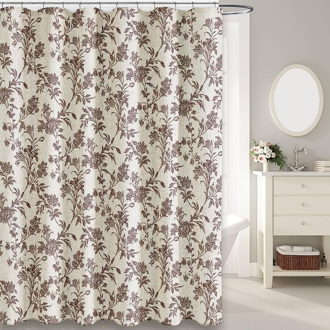 Brown Shower Curtain Floral Cotton Linen Cottagecore Shower Curtain for Bathroom 75" L x 72" W Long