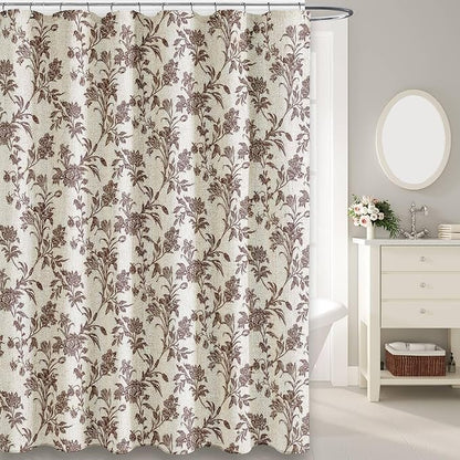 Brown Shower Curtain Floral Cotton Linen Cottagecore Shower Curtain for Bathroom 75" L x 72" W Long