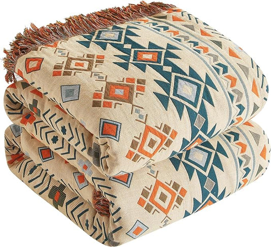 Boho Throw Blanket 100% Cotton Woven Ultra Soft 4-Layer Muslin Quilt Farmhouse Bed Blanket Cover 90"x98", Diamond