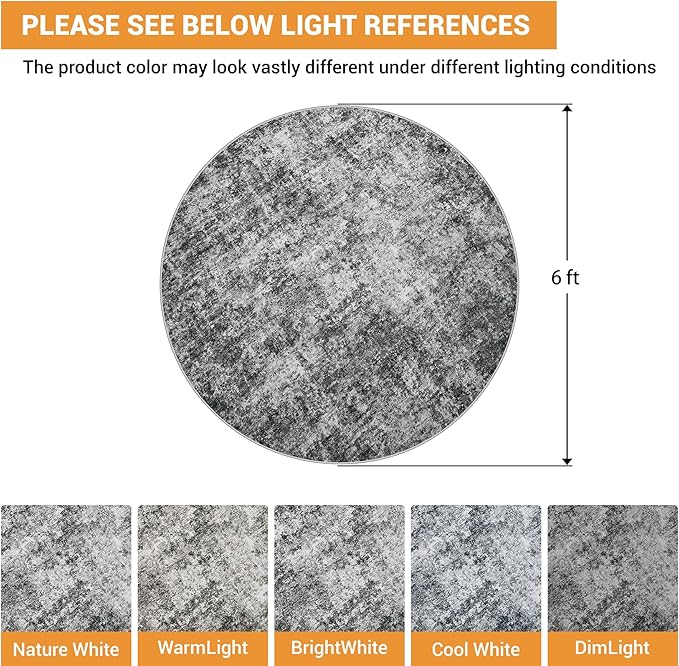 Round Rug 6ft Circle Rug Washable: Carpet Small Circular Area Rug for Entryway Kitchen Bedroom Dining Room Living Room 6 Feet Abstract College Dorm Non Slip Low Pile Black Grey