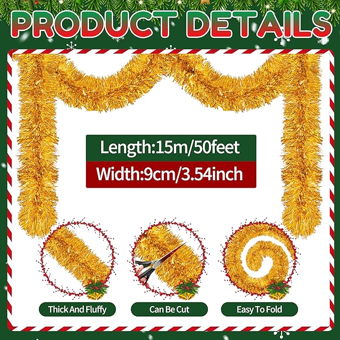 50 Ft Christmas Tinsel Garland Gold Thick Tinsel Garland Xmas Tree Decorations Metallic Tinsel Twist Garland for Christmas, Birthday, Party Decor Indoor Outdoor Party Supplies