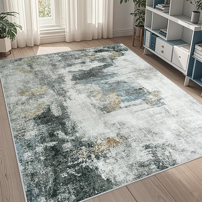 5x7 Area Rugs for Living Room Rug Washable: Abstract Rug for Dining Room Bedroom Carpet Non Slip 5 by 7 Indoor Modern Nursery Home Office Black Gold