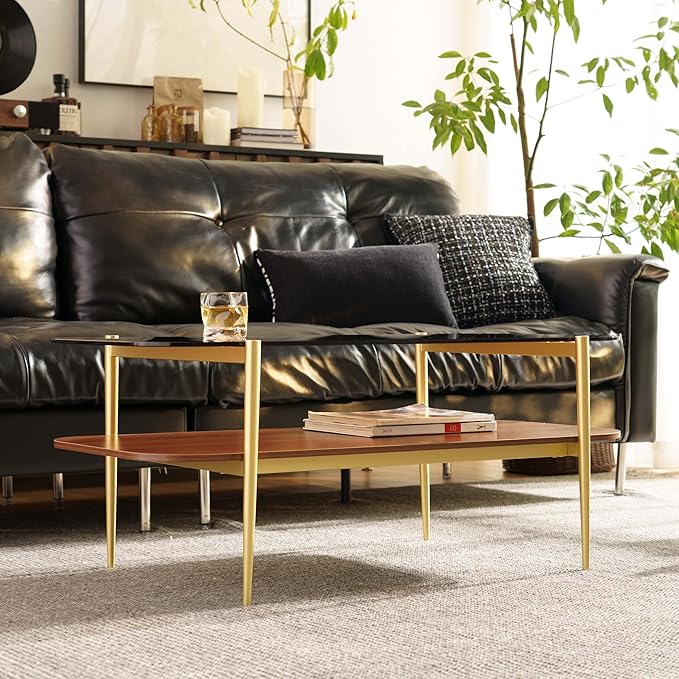 AGV LIGHTING Tadio Glass Coffee Table, Mid-Century Modern Coffee Table for Living Room, Gold Finish Leg, Coffee Brown Glass Top & Walnut Brown Shelf, Rounded Corners