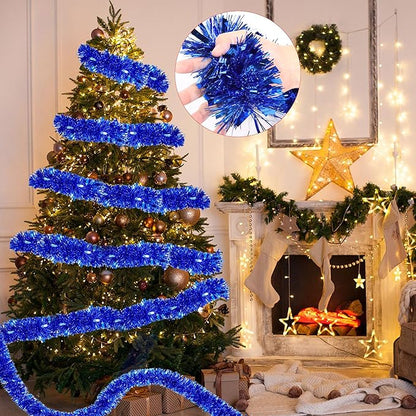 50 FT Blue Christmas Tinsel Garland Christmas Decorations for Xmas Tree Decor, Shiny Metallic Twist Hanging Tinsel Garlands for Stairs Mantle Fireplace Home Indoor Outdoor Holiday Party Supplies