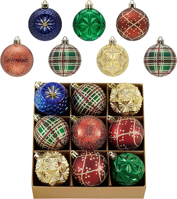 Valery Madelyn Ornaments for Christmas Trees, 9ct 2.36 Inches Red Green and Gold Shatterproof Christmas Tree Decorations, Luxury Hanging Ball Ornaments for Xmas Holiday Party Decor