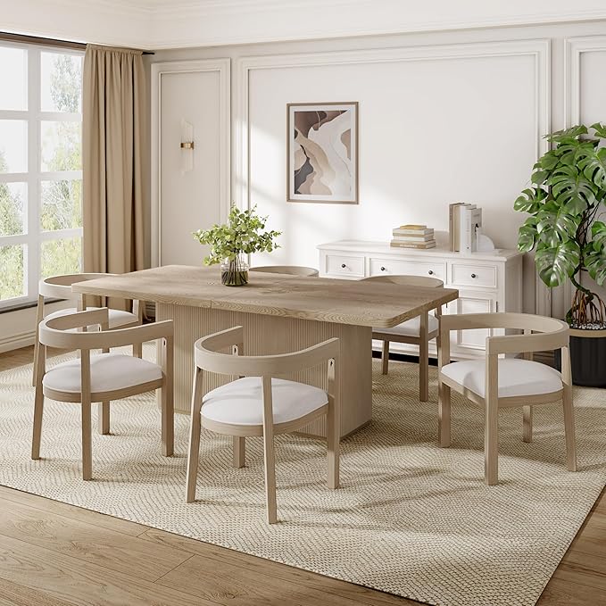 Merax 7-Piece Dining Table Set - 84'' Modern Rubberwood Table & 6 Tub Chairs, Minimalist Open-Back Design for Kitchen Dining Room, Easy Assembly, Beige+Light Natural