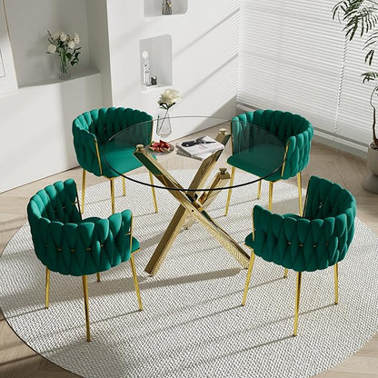 Golden Round Glass Dining Table Set for 4, 39'' Clear Dinner Table Set, 5 Pieces Modern Luxury Circle Kitchen Table and Green Woven Chairs Set, Minimalist Circular Dinette Set, for Small Place