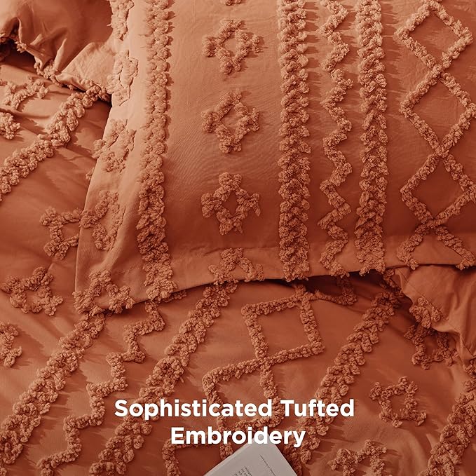Bedsure Tufted Boho Comforter Set King Size - Terracotta Boho Bed Set, GentleSoft™ 3 Pieces Farmhouse Shabby Chic Embroidery Bedding, Gifts for Woman, Soft Jacquard King Comforter for All Seasons